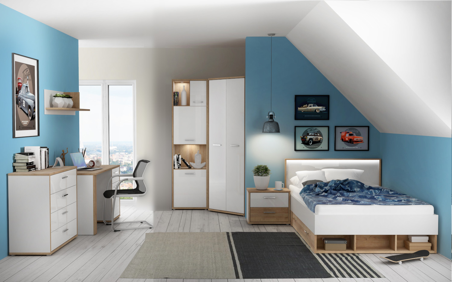 Jugendzimmer Chicory Eiche Riviera und Weiß Hochglanz Komplett Set Forte