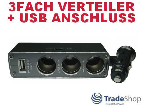 Adapter Verteiler f&uuml;r KFZ 3fach Anschluss mit USB Port