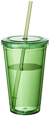 Plastikbecher doppelwandig Tasse Becher Deckel Strohhalm Smoothie Saft Kaffee Grün
