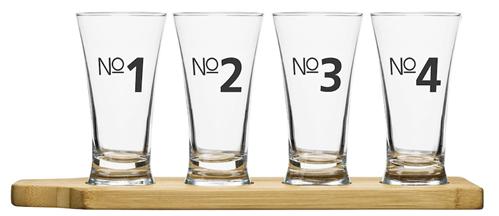 Bier Test-Set vier Gläser Bambus Tablett Glas Gläser Bierglasset Geschenkidee