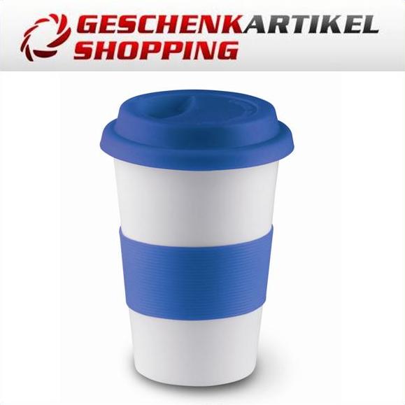 Keramik Kaffeebecher COFFEE TO Go mit Silikonring BLAU