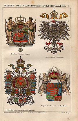 Orig.-Farblitho von 1882: Wappen von Preußen, Österreich