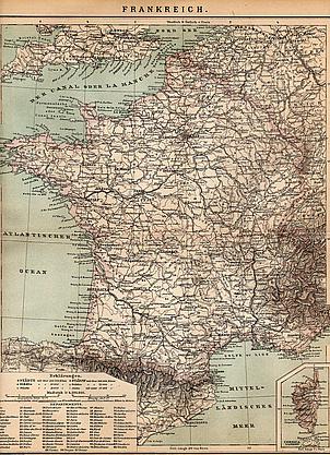 Orig.-Stich aus 1882: Landkarte von Frankreich
