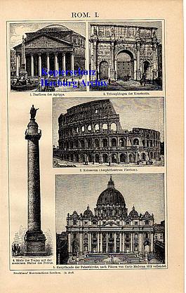 Orig.-Stich aus 1894: Gebäude in Rom I-II