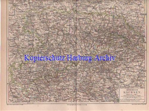 Orig.-Stich von 1876: Landkarte Königreich Sachsen