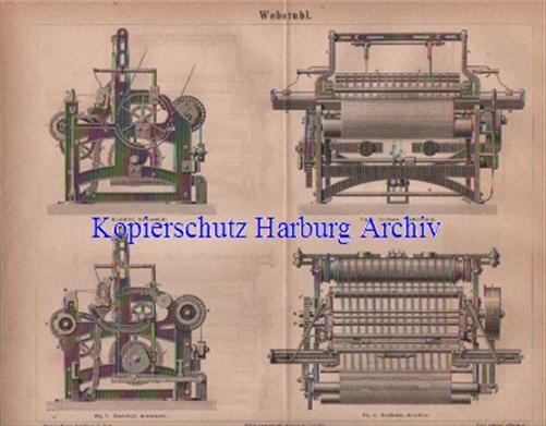 Orig.-Stich aus 1876: Webstuhl (Webmaschinen)