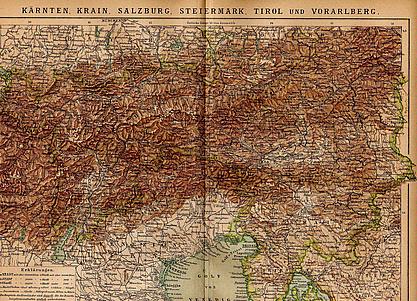 Landkarte aus 1882: Kärnten, Salzburg, Steiermark, Tirol