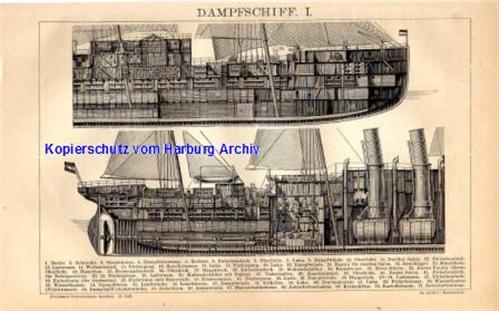 Orig.-Stich aus 1882: Dampfschiff I + II