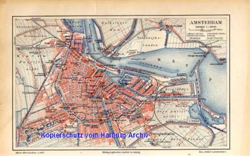 Orig.-Stich aus 1893: Stadtplan von Amsterdam