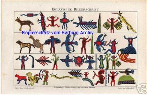 Orig.-Litho aus 1893: Bilderschrift der Indianer