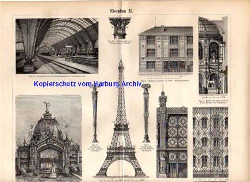 Orig.-Stich aus 1893: Eisenbau I-II (Eiffelturm, Brücken, Bahnhof)