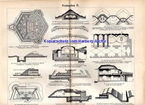 Orig.-Stich von 1893: Festungskrieg + Festungsbau