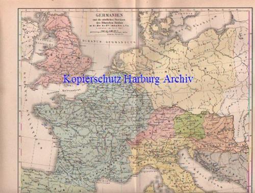 Orig.-Stich aus 1893 Landkarte: Germanien und das Römisches Weltreich