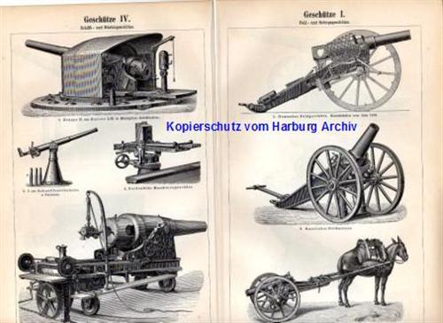 Orig.-Stich aus 1893: Geschütze I-IV (Mörser, Kanonen)
