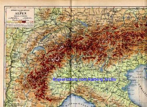 Orig.-Stich aus 1893 Geo. Landkarte: Höhenschichten der Alpen
