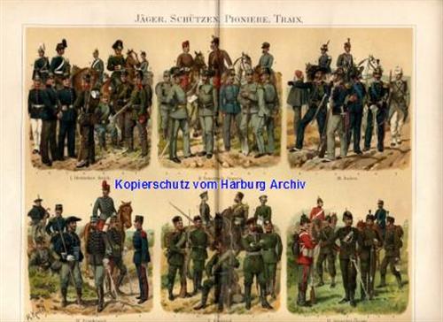 Orig.-Farblitho von 1893: Jäger, Schützen, Pioniere + Train