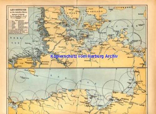 Landkarte von 1893: Leuchtfeuer an den deutschen Küsten