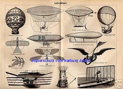 Orig.-Stich aus 1893: Luftschiffahrt (Zeppelin, Ballon)
