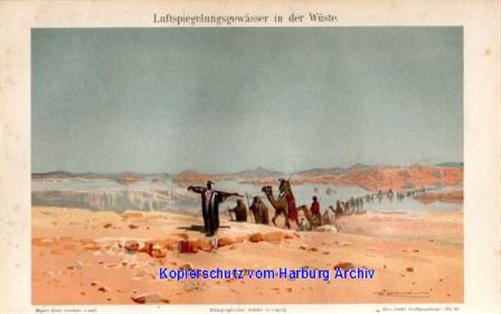 Orig.-Stich aus 1893: Luftspiegelungsgewässer + Landkarte Wärmeextreme