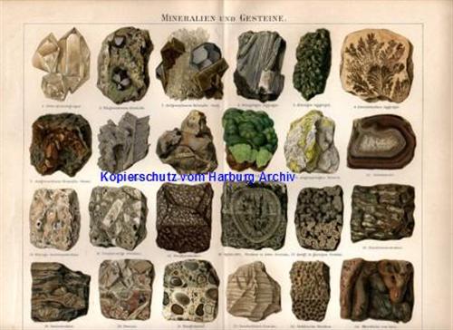 Orig.-Farblitho aus 1893: Mineralien + Gesteine
