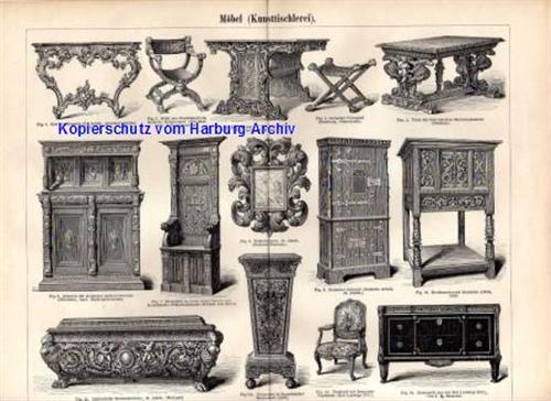 Orig.-Stich aus 1893: Möbel (Künsttischlerei)