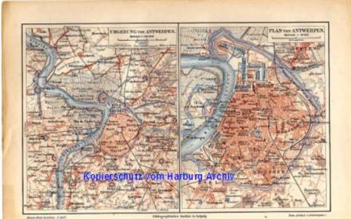 Orig.-Stich von 1893: Stadtplan von Antwerpen