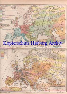 Orig.-Stich aus 1893: Sprachenkarte und Bevölkerungsdichte von Europa