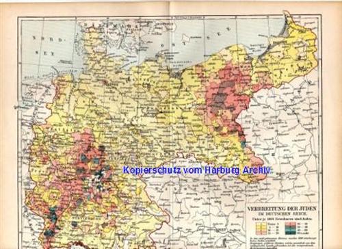 Landkarte von 1893: Verbreitung der Juden im Deutschen Reich