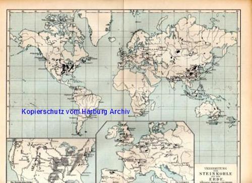 Geo.-Karte von 1893: Verbreitung der Steinkohle auf der Erde