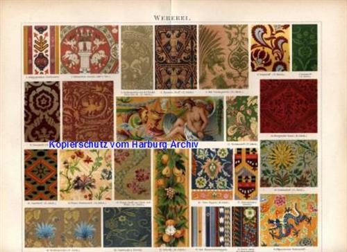 Orig.-Farblitho aus 1893: Weberei (Webmuster)