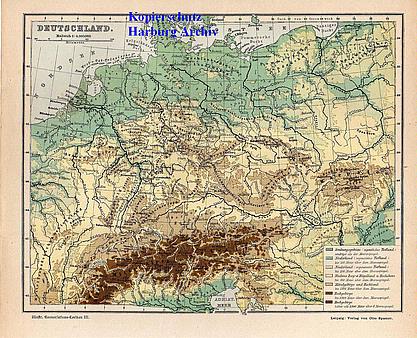 Orig.-Stich aus 1895: Gebirgekarte von Deutschland