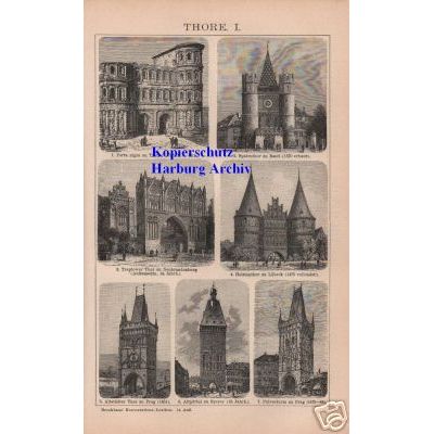 Orig.-Stich aus 1894: Tore (Porta Nigra, Holstentor)
