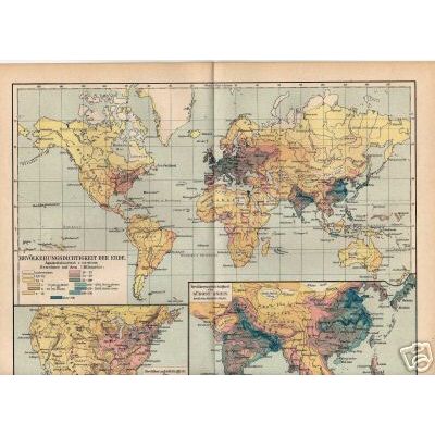 Orig.-Landkarte von 1893: Bevölkerungsdichte der Erde