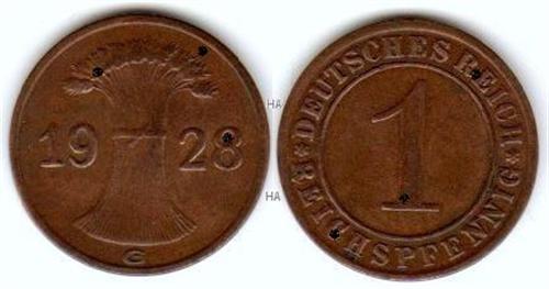 Münze Weimarer Republik: 1 Pfennig 1928 G