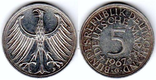 5 DM BRD Münze 1967 G , Jaeger Nr.: 387 ss-vz