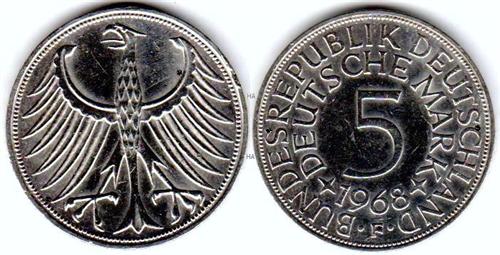 5 DM BRD Münze 1968 F , Jaeger Nr.: 387 ss-vz