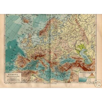 Orig.-Stich von 1893: Geo. Karte von Europa (Fluß + Gebirgssysteme)