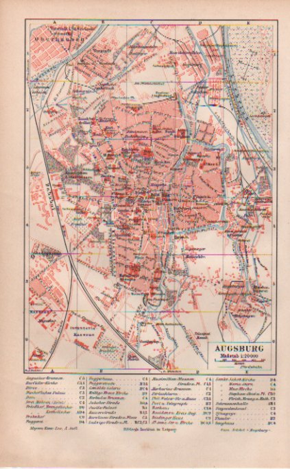 Orig.-Stich von 1893: Stadtplan von Augsburg