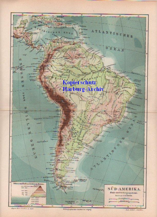 Orig.-Stich von 1893: Geo.-Landkarte Süd Amerika