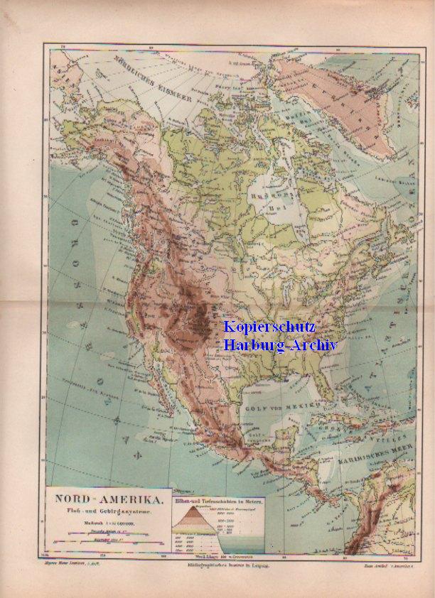 Orig.-Stich von 1893: Geo.-Landkarte Nord Amerika