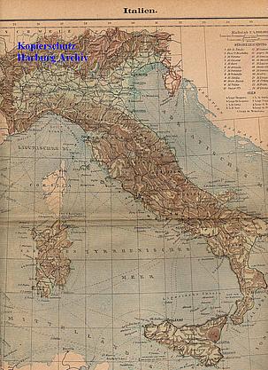 Farb.-Druck aus 1901: Landkarte von Italien