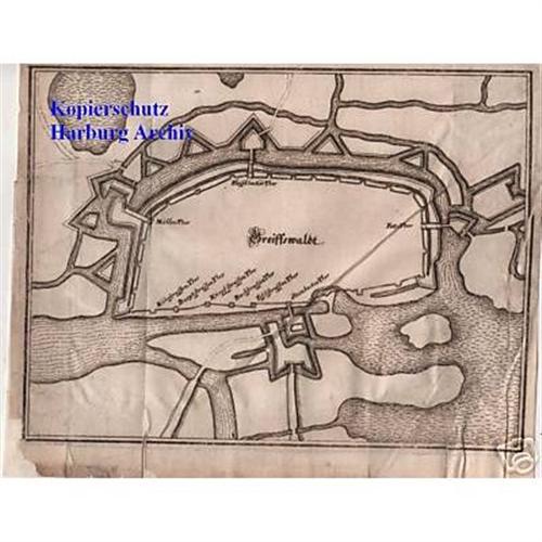 Orig.-Kupferkarte aus 1650 Merian: Grundriß Greifswald