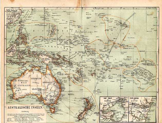 Orig.-Stich aus 1876 Landkarte: Australien (Australische Inseln)