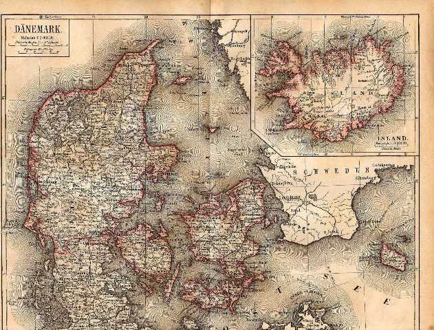 Orig.-Stich aus 1876: Landkarte Dänemark + Island
