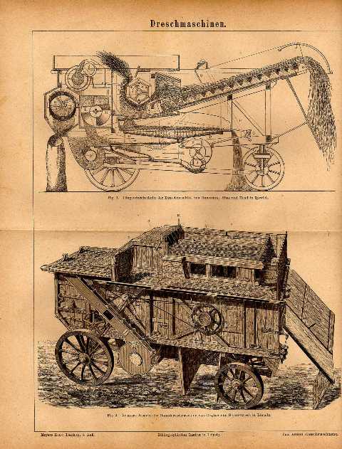 Orig.-Stich aus 1876: Dreschmaschinen