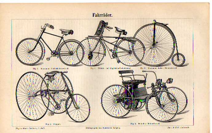 Orig.-Stich aus 1893: Fahrräder (Fahrrad Hochrad)