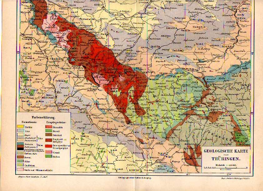 Orig.-Stich von 1893: Geo. Landkarte von Thüringen