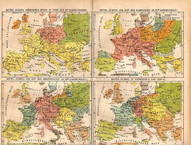 Orig.-Stich von 1876: Geschichtskarte von Mittel Europa