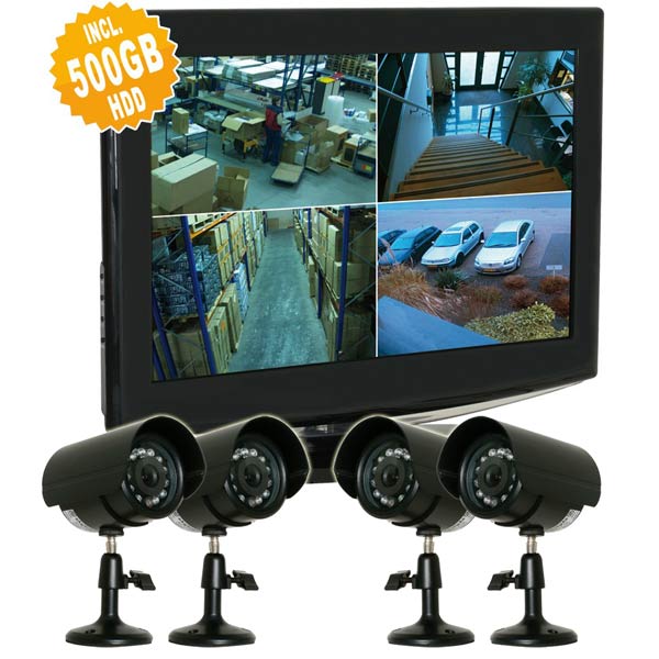 VIDEOUBERWACHUNG-Set-4x-Kamera-Recorder-Monitor-500GB-Festplatte-Skytronic