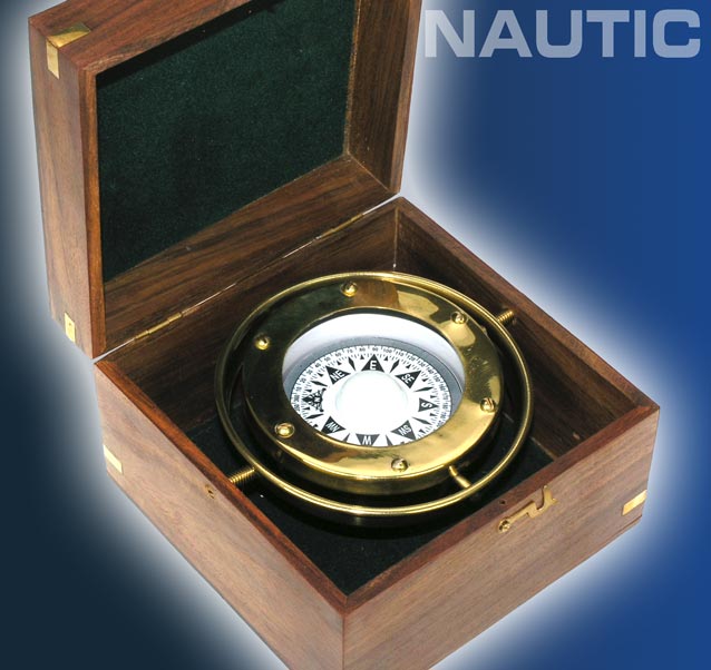 Nautic Kompass aus MESSING 15cm + Massivholzbox 9062